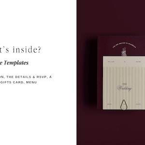 May include: A wedding invitation suite with a burgundy background. The invitation card features vertical stripes and the words "The Wedding." The text "What's inside? Editable Templates" is also visible.