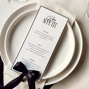 Modello di menu per matrimonio moderno in bianco e nero / Menu del tavolo modificabile e cartellino con il nome dei posti a sedere / Menu senza tempo / Cancelleria per matrimonio minimalista