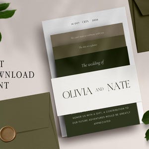 Elegante suíte de casamento verde oliva, modelo de convite de casamento, download digital personalizável, modelo de papelaria de casamento Canva