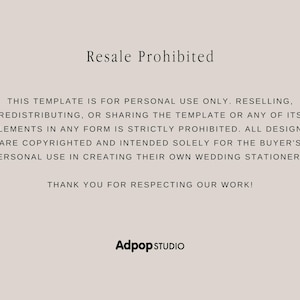 May include: A beige background with the text "Resale Prohibited" at the top. The text below states the template is for personal use only and prohibits reselling or redistributing. The Adpop Studio logo is at the bottom.