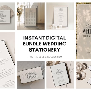 May include: Instant digital wedding stationery bundle in a timeless collection. The bundle includes a welcome sign, seating chart, menu, table number cards, and a save the date card. All cards feature a black and white colour scheme with elegant typography.