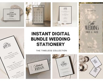 May include: Instant digital wedding stationery bundle in a timeless collection. The bundle includes a welcome sign, seating chart, menu, table number cards, and a save the date card. All cards feature a black and white color scheme with elegant typography.