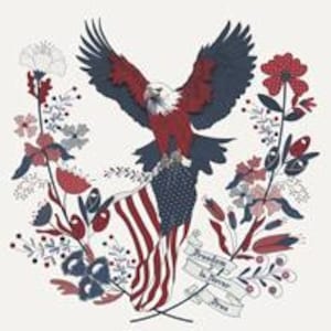 May include: Illustration of a bald eagle with outstretched wings, perched atop an American flag. The eagle is red, white, and blue, surrounded by a floral wreath in similar colors. The banner reads "Freedom is Never Free."