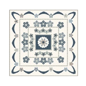 May include: A square quilt with a floral design in shades of blue, gray, and white. The quilt features a central floral medallion surrounded by floral motifs and a scalloped border. The overall design is symmetrical and detailed, with a cream-colored background.