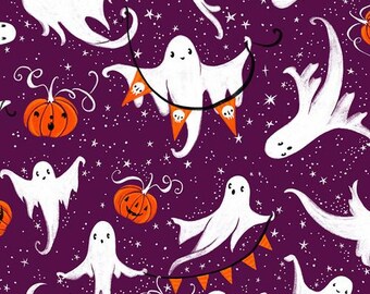 A Time for Ghosts-Purple from the Ghostly Greetings collection by Cori Dantini, PWCD110.XPURPLE, Sold by the Half Yard, Ghosts, pumpkins