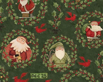 Up on the Housetop Santa Holly Green by Teresa Kogut for Riley Blake Fabric, Santa Folk Art, sold by 1/2 yard, C14731-GREEN