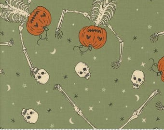 Home Sweet Haunt Moss 20913 15 by Stacy Iest Hsu for Moda Fabrics -sold by the half yard, Dancing Pumpkins Novelty Skeleton Pumpkin