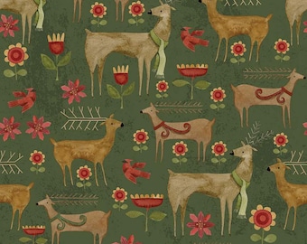 Kringle Garden Green by Teresa Kogut for Riley Blake Fabric, Rabbit Bunny Folk Art, sold by 1/2 yard, C13442-GREEN