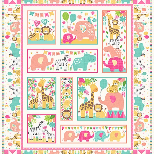 In the Jungle Panel by Makower, color - Pink, pattern - In The Jungle 35" Panel, 100% Cotton Quilting Fabric, sold by the panel, TP-2609-P