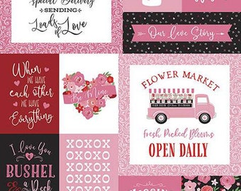 Falling in Love Panel Pink by Dani Mogstad for Riley Blake Designs. Panel size is 24" x 43 1/2 Valentines panel with link to free pattern