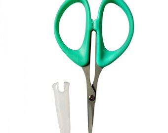 Karen Kay Buckley Small Perfect Scissors, multipurpose, Stainless steel knife-edge blades, soft handles, cover, 4" long w seafoam handles
