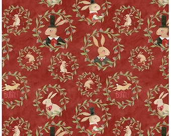 Hop Hop Hooray Red by Teresa Kogut for Riley Blake Fabric, Easter Rabbit Bunny Folk Art Fabric, 100% Cotton, sold by 1/2 yard, C14272 Red