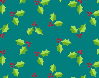 Very Merry Holly Leaves Teal from Very Merry by Kim Schaefer for Andover Fabrics - 100% Cotton Quilting Fabric, sold by 1/2 yard, TP-9398-T