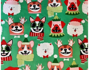 Alexander Henry Quilt Fabric,  Canine Christmas in Candy Green - Christmas - dogs - puppies - sold by the 1/2 yard