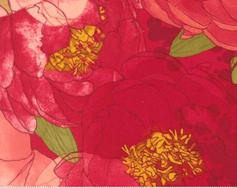 Darling Peony Lipstick 48790 15 by Robin Pickens for Moda Fabrics -sold by the half yard, Red, Valentines Peonies Large Floral Watercolor