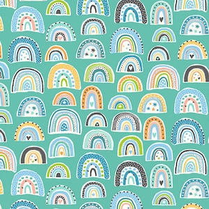 In the Jungle by Makower, color - blue, pattern - Rainbows, 100% Cotton Quilting Fabric, sold by the 1/2 yard, TP-2605-B