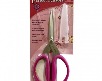 Karen Kay Buckley Large Perfect Scissors, multipurpose, Stainless steel knife-edge blades, soft comfy handles, cover, 7.5" long pink handles