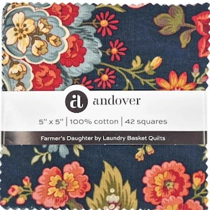 May include: A stack of 42 fabric squares measuring 5 inches by 5 inches, made of 100% cotton. The fabric features a dark navy blue background with a floral pattern in shades of red, orange, yellow, and light blue. A white paper band reads Andover, 5" x 5" | 100% cotton | 42 squares, Farmer's Daughter by Laundry Basket Quilts.