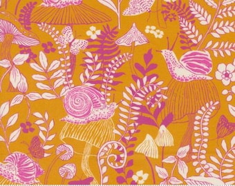 Maeve Mushroom Moths Golden 11933 24 by Crystal Manning, Moda Fabrics -sold by the half yard, Landscape, Mushrooms Snails Butterfly