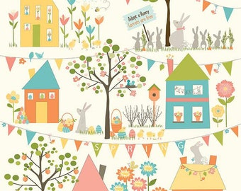 Spring's in Town Panel by Sandy Gervais for Riley Blake Designs. Panel size is 36" x 43" , spring-themed neighborhood