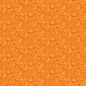 May include: Orange background with a repeating pattern of brown swirls and small white circles. The pattern is reminiscent of a traditional wallpaper design.