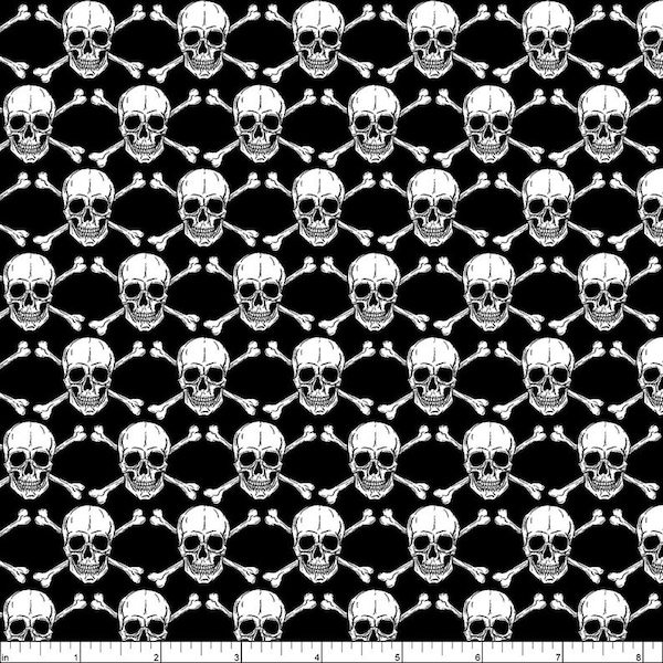 Halloween Spirit by Greta Lynn for Kanvas of Benartex, #12546G-12 Glowing White Skulls on Black - Sold by the 1/2 Yard