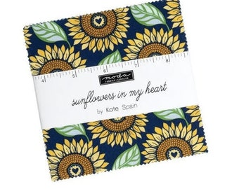 Sunflowers in My Heart Charm Pack by Kate Spain, Moda Fabrics, Moda Precuts, 42 5-inch Squares Charm Pack, 27320PP