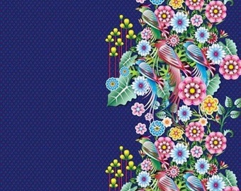 Splendid Bouquet Border Print - Blue: Birds in Paradise by Catalina Estrada for FreeSpirit , PWCE012.XBlue, sold by half yard