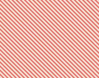 Idyllic Coral tone on tone diagonal Stripe by Minki Kim for Riley Blake Designs,  sold in 1/2 Yards, thin stripe C9885 CORAL