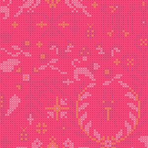 May include: A pink and white cross-stitch pattern with a repeating design of abstract shapes. The pattern is made up of small, white crosses on a pink background. There are also some yellow crosses in the pattern.