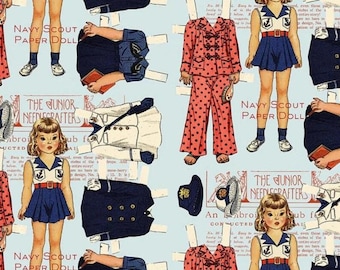 Sew America Fabric, Navy Scout Paper Dolls - Blue - J. Wecker Frisch - Riley Blake Designs - C17344 , Americana, July 4th, sold by half yard
