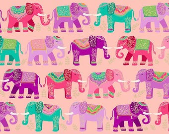 Jaipur by Makower, color - peach, pattern - Elephants, 100% Cotton Quilting Fabric, sold by the 1/2 yard, TP-2562-P