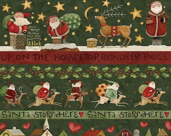 Up on the Housetop Border Stripe Green by Teresa Kogut for Riley Blake Fabric, Santa Folk Art, sold by 1/2 yard, C14736-GREEN