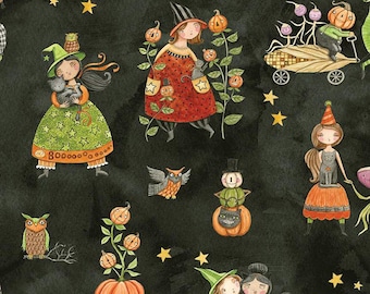 Ghoul Friends Main Black by Teresa Kogut For Riley Blake, sold by the half yard, Halloween witches with pumpkins, owls, stars, C16050 Black