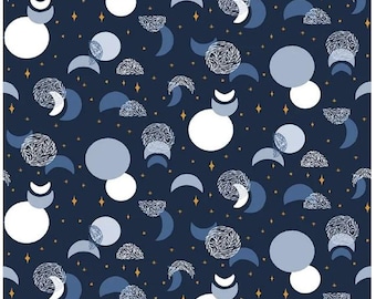 Moonchild Eclipse SC13822 Midnight Blue SPARKLE - Riley Blake Designs -  featuring moons and stars, gold is gold sparkle.