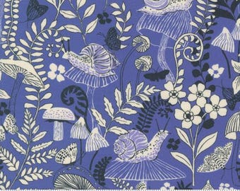 Maeve Mushroom Moths Periwinkle 11933 13 by Crystal Manning, Moda Fabrics -sold by the half yard, Landscape, Mushrooms Snails Butterfly