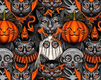 Costume Party - Black from Costumes & Cobwebs by Club Hauer, Rachel Hauer, PWRH115.BLACK, Sold by Half Yd, cats, pumpkins. skeletons, ghosts