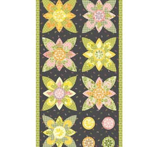 May include: A fabric panel with a repeating pattern of colorful floral designs on a dark gray background. The flowers are made up of various shades of pink, yellow, and green. The fabric panel is perfect for quilting, crafting, and home decor projects.
