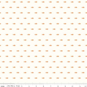 May include: White fabric with a repeating pattern of small orange sharks.