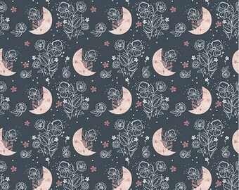 Beneath the Western Sky Floral Moons Fabric Riley Blake C11191-DKNAVY, Moon Fabric- 1/2 Yard Increments, Cut Continuously