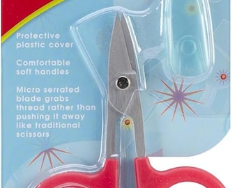 Karen Kay Buckley Curved Perfect Scissors, serrated blade, Curved point, soft handles, protective cover, 3.75" long w red handles
