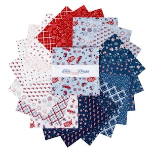 May include: A collection of fabric squares in red, white, and blue, arranged in a circular pattern. The fabrics feature various patriotic designs, including flags, fireworks, and stars. The center square has the text "Stars...Forever".