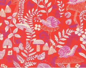 Maeve Mushroom Moths Mandarin 11933 28 by Crystal Manning, Moda Fabrics -sold by the half yard, Landscape, Mushrooms Snails Butterfly