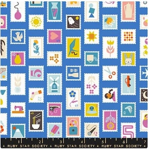 Salutations, Stamps, in Lapis Blue, By Rashida Coleman Hale, RS1089 14, Ruby Star Society - sold by the half yard