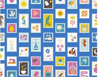 Salutations, Stamps, in Lapis Blue, By Rashida Coleman Hale, RS1089 14, Ruby Star Society - sold by the half yard