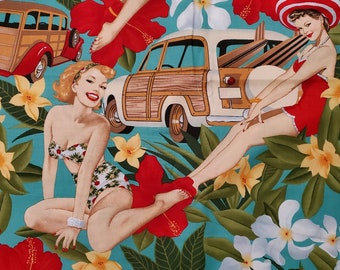 Alexander Henry Aloha Girls vintage pin-up girl in aqua green background, plumeria and ginger flowers and woodie station wagons 6627c