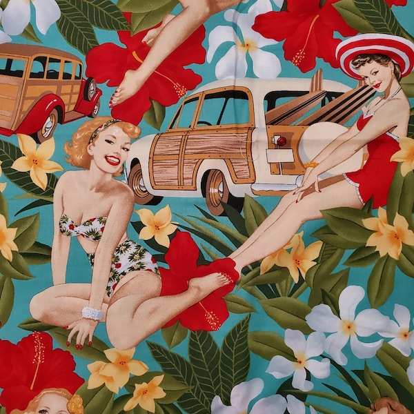 Alexander Henry Aloha Girls vintage pin-up girl in aqua green background, plumeria and ginger flowers and woodie station wagons 6627c