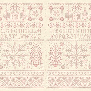 May include: A cross-stitch sampler with a pink and white color scheme. The sampler features a house, trees, snowflakes, and the alphabet. The text reads "A B C D E F G H I J K L M N O P Q R S T U V W X Y Z".