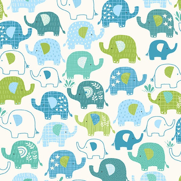 In the Jungle by Makower, color - blue, pattern - Elephants, 100% Cotton Quilting Fabric, sold by the 1/2 yard, TP-2602-B