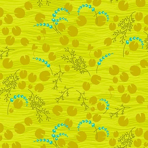 May include: A seamless pattern featuring a repeating design of teal blue beads, green leafy branches, and yellow lily pads on a bright yellow background.